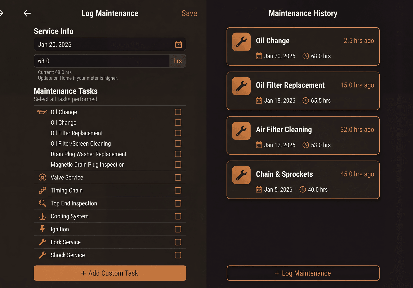 Detailed maintenance history showing service records